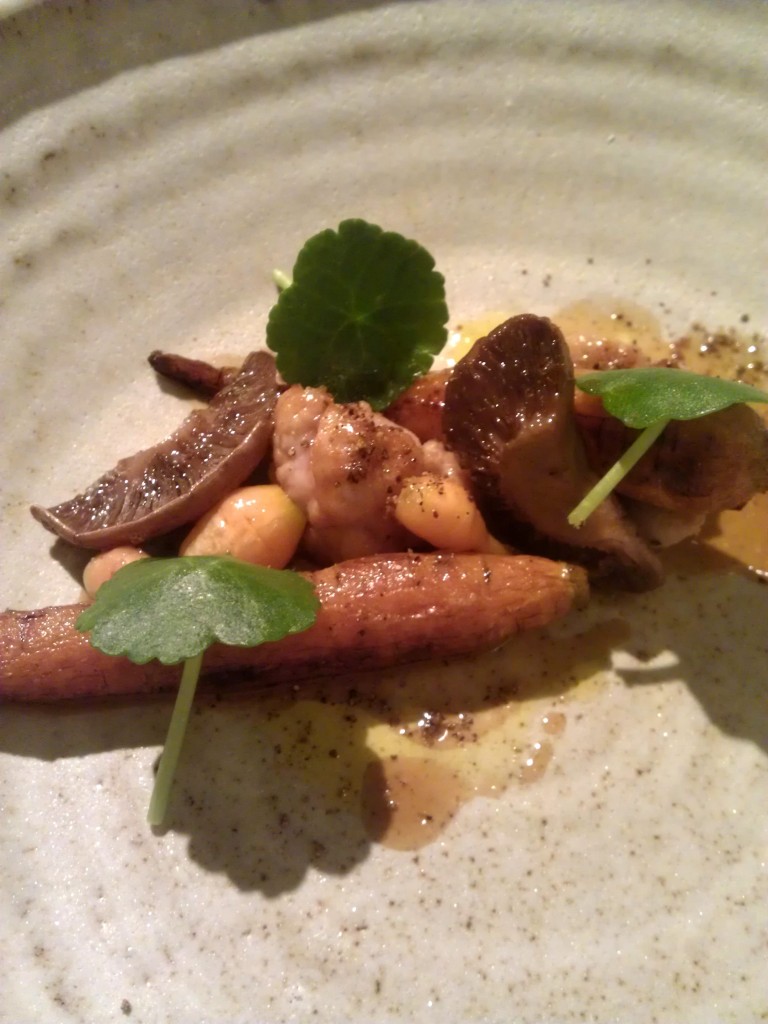 Grilled carrots and lamb sweetbreads, juniper and mulled cider