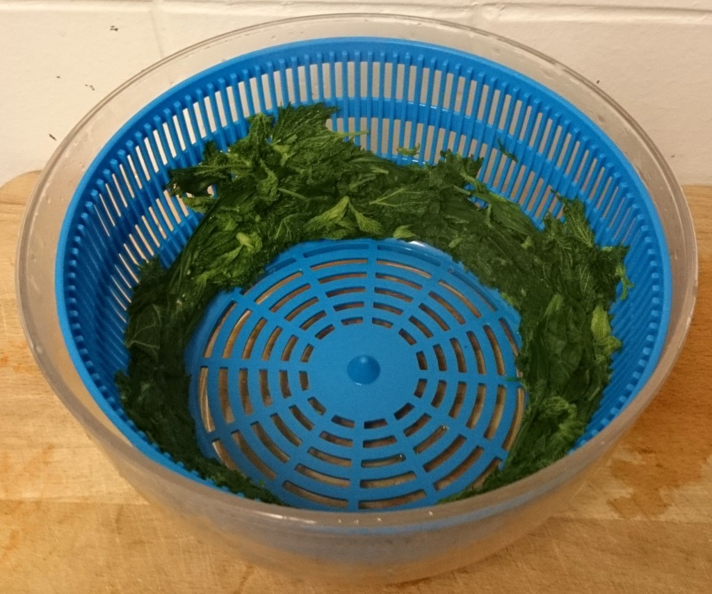 Leaves that have been poached and then de-watered in a salad spinner
